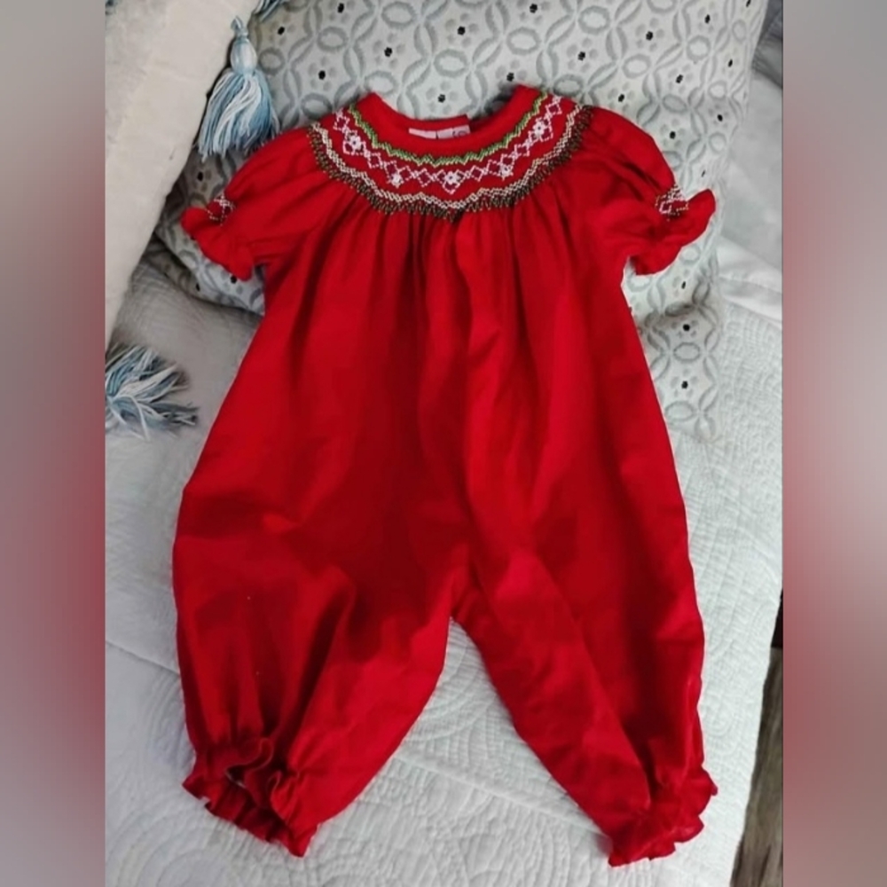 Rosalina Smocked Christmas Heirloom Romper Size 9 Mo